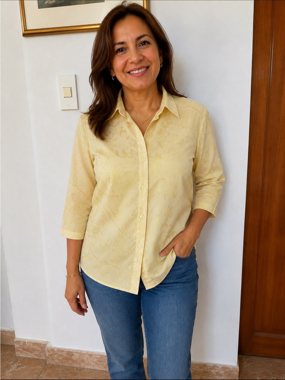 Alfred Dunner Pale Yellow Floral Jacquard Blouse